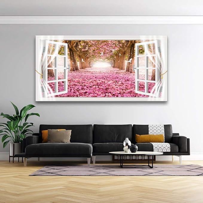 AH40174 Wall Art CanvasTrees and Pink Rose Paintings Printed Pictures Stretched and Framed Ready to Hang for Home Decorations Office Wall Decor Artwork 28x56inch