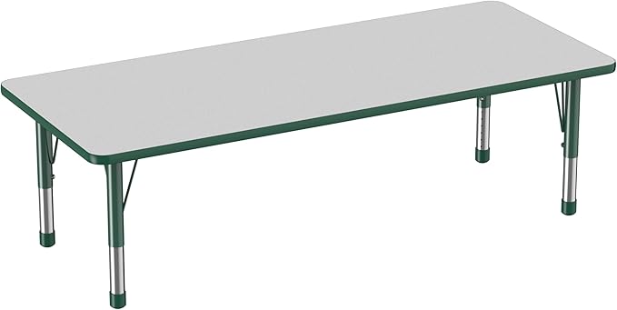 FDP Rectangle Activity School and Classroom Kids Table (30 x 72 inch), Chunky Toddler Leg, Adjustable Height 15-24 inches - Gray Top and Green Edge