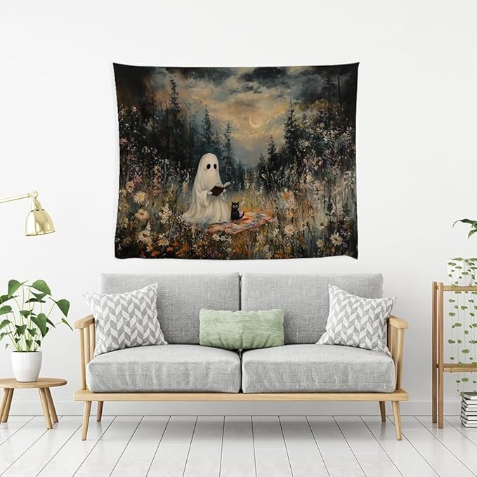 Halloween Ghost and Black Cat Tapestry Wall Hanging Spooky Ghos Reading Book in Wildflowers Wall Decor Halloween Witchy Room Aesthetic Tapestries for Goth Living Room Bedroom Decoration 70x90inch