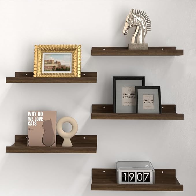 RICHER HOUSE 5 Set Floating Shelves for Wall Decor, Wall Mounted Book Shelf, Nursery Shelves Picture Ledge Shelf with Lip for Wall Storage, Bedroom, Living Room, Bathroom - Walnut
