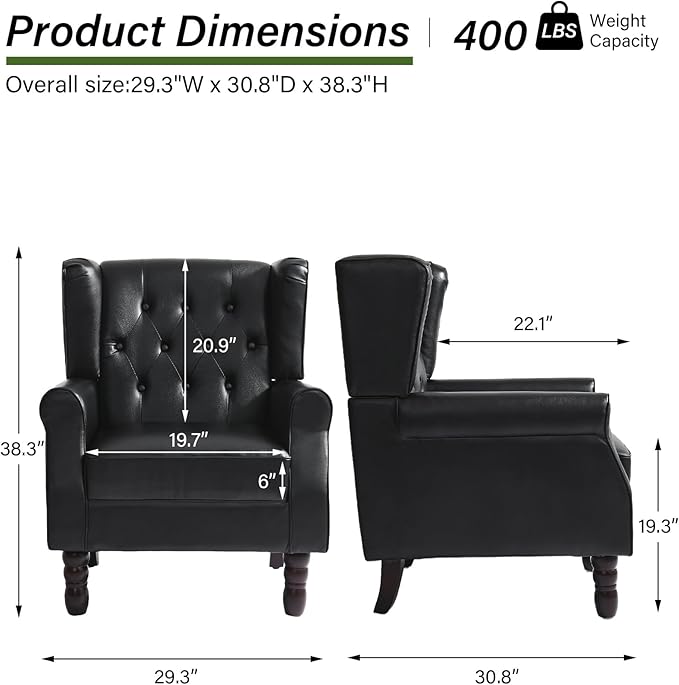 Accent Chair, Upholstered Armchair with Button Tufted High Back & Solid Wood Legs, Comfy Wingback Reading Single Sofa Chair for Small Spaces, Living Room, Bedroom (Leather Black, Set of 2)