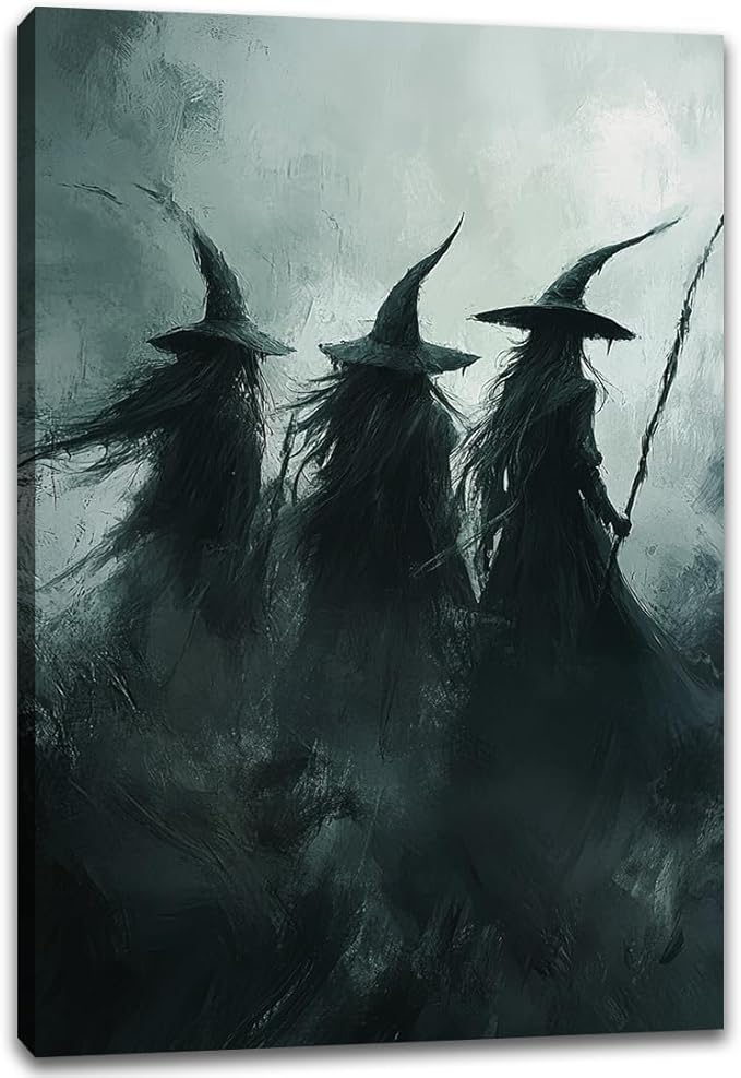 Gothic Witchs Horror Halloween Wall Art,Three Witches in Moody Forest Painting Wall Decor,Autumn Spooky Witches Forest Canvas Printing For Gallery Living Room Bedroom,12"x18" Framed