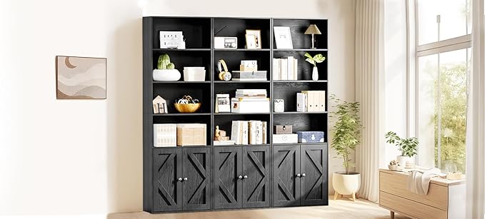 Tall Wooden Bookshelf with Cabinet and Doors – 70.86” Freestanding Tall Bookcase for Heavy Books, Living Room Storage, Home Office Shelf, Bedroom Organization – Vintage Black Wood Book Shelf