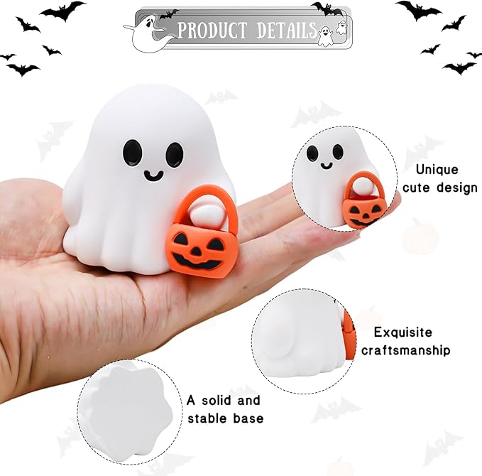 2 Pcs Halloween Ghost Figurine Cartoon Cute Spooky Carrying Pumpkin Basket Desk Display Ornament Tiny Trick or Treat Ghost Resin Halloween Statue for Home and Office Tabletop Decor Supplies