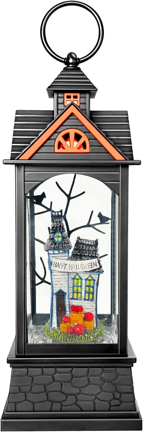 Halloween Snow Globe Lantern, Spooky Ghost Halloween Decor, Plug-in & Battery Operated Snow Globes for Halloween Decorations Indoor