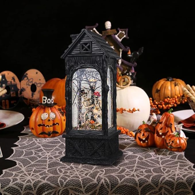 GenSwin Halloween Skeleton Snow Globe Lantern Ghost Projection Lamp with 6 Hour Timer, Battery Operated & USB Powered LED Spinning Water Glittering Globe Halloween Decoration Parties(11”, 3AA)