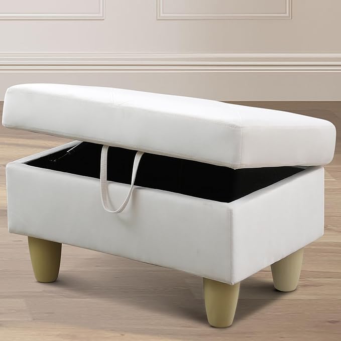 Ottoman Rectangular Storage Ottoman Bench, Flannel Footrest Stool Footstool with Lid for Living Room, Bedroom, Entryway, White, 28.5"x19"x17.5"