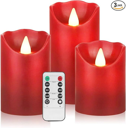 Flameless Battery Operated LED Candles with10key Button Remote Control 24-Hour Timer Set of 3 Electric Flickering Pillar Real Wax，Wedding, Party, Home Decoration (Red)