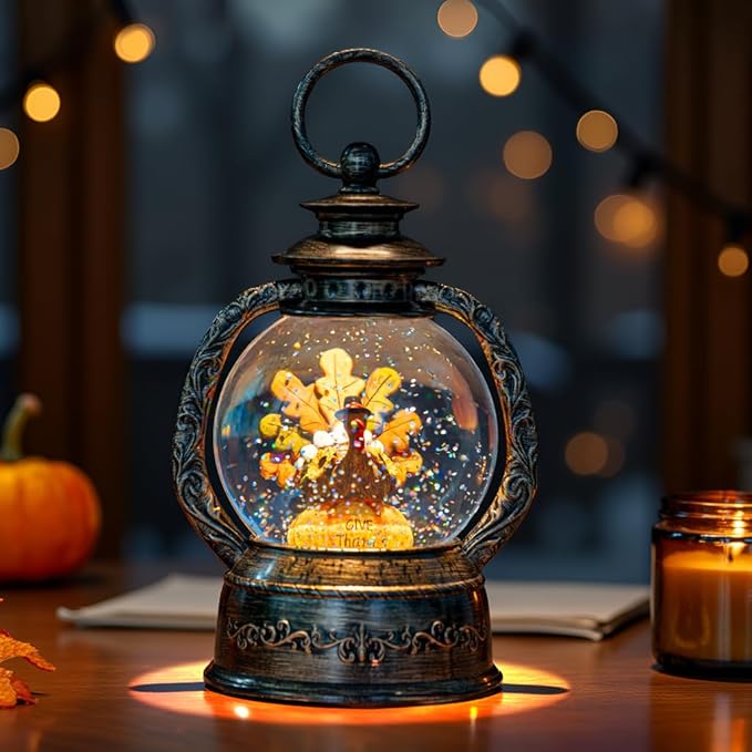 Fall Snow Globe Lantern - Thanksgiving Glittering Lighted Water Lantern, Fall Decorations Autumn Harvest Day Gifts, Home Halloween Christmas Decor (Turkey in Pumpkin)