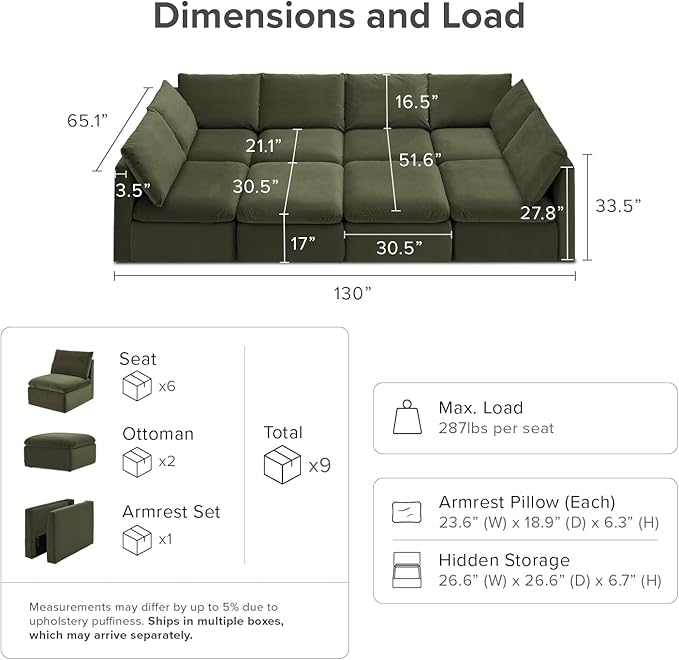 mopio Oversized Modular Sectional Sofa with Fully Removable Covers and Storage, Convertible U, L-Shaped and Sleeper Sectional, Modern Couches with Ottoman Chaise (Olive Green Velvet, 8 Seats, Sleeper)
