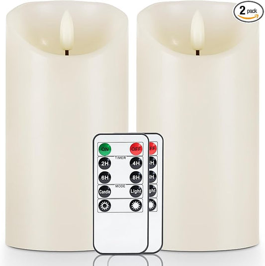 5plots 6" x 3" Flickering Flameless Candles - Battery Operated Wax LED Candles - Amber Yellow Light with Remote and Timers Set of 2, Ivory, for Home Decor, Candle Sconces