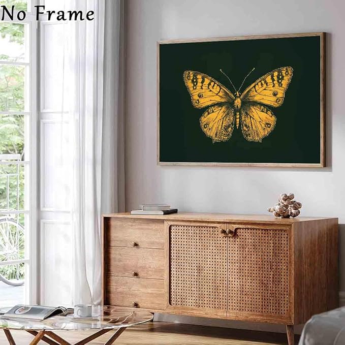 Gold Butterfly Paintings Green Gold Abstract Wall Art Moody Insect Artwork Vintage Butterfly Pictures Abstract Moody Animal Prints Wild Animals Painting Living Room Decor 16x24inch No Frame