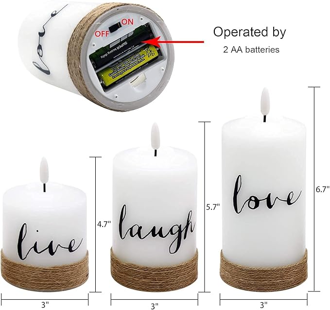 GenSwin Flameless LED Candles with Hemp Rope & Remote Timer, Real Wax Battery Operated Pillar Candles Live Laugh Love, Realistic 3D Wick Flickering Gift (D3 x H4.7 5.7" 6.7", Pack of 3)
