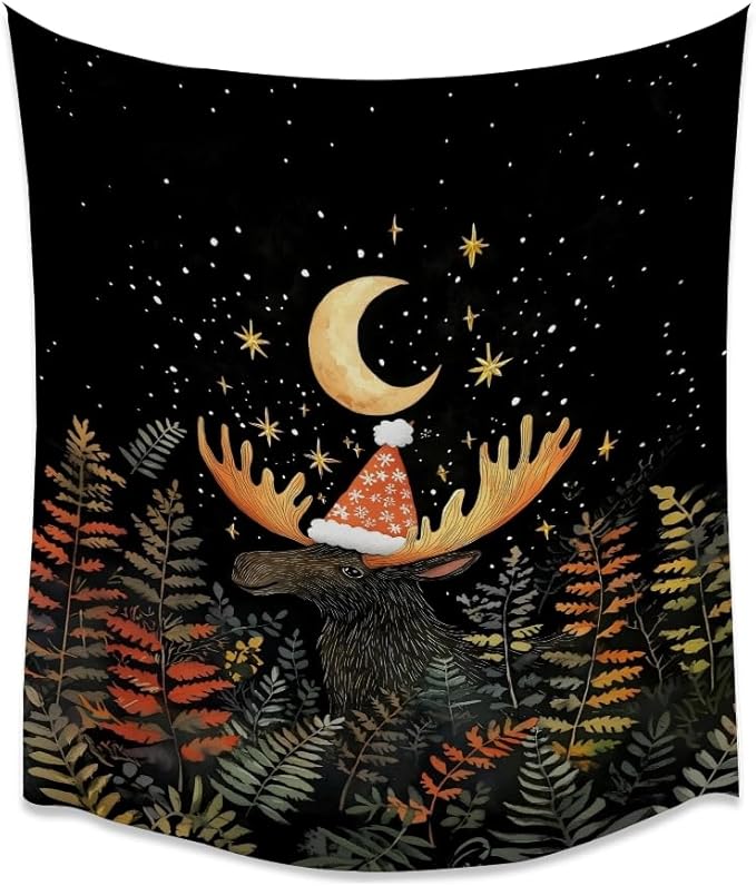 Cute Moose Tapestry Winter Christmas Aesthetic Wall Hanging Decor Funny Animal Lover Gift Whimsical Christmas Tapestries for Nursery Kids Bedroom Home Living Room Decoration 40x60inch