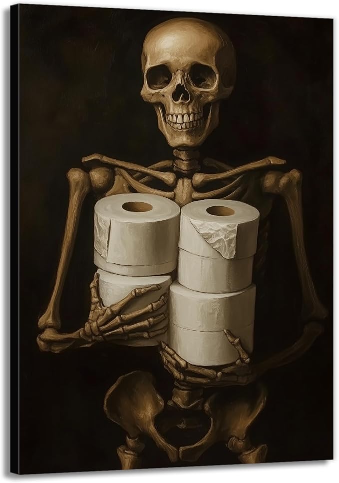 Gothic Skull Wall Art Funny Skeleton with Toilet Paper Canvas Print Vintage Skull Painting Framed Artwork for Living Room Home Halloween Wall Decor(Artwork-8,12"x18")