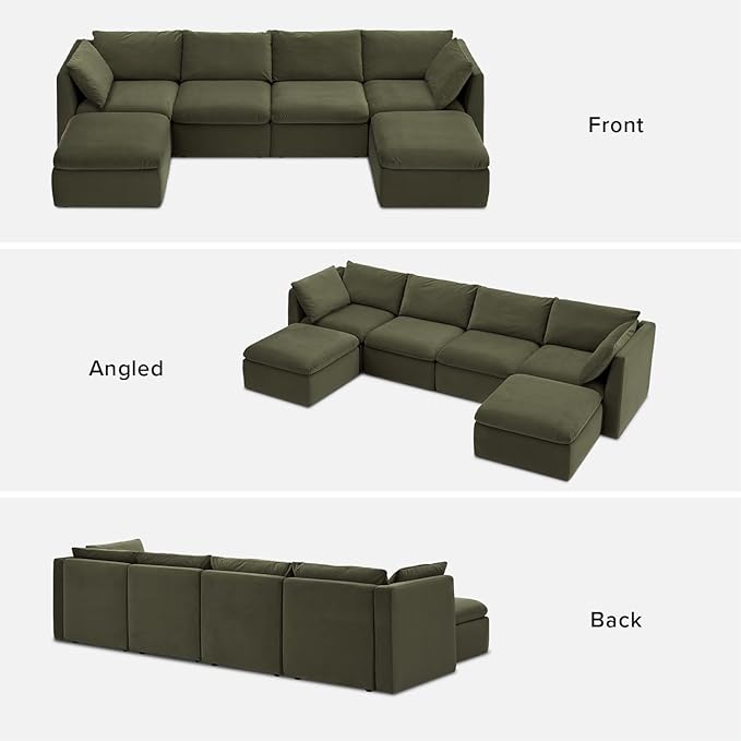 mopio Oversized Modular Sectional Sofa with Fully Removable Covers and Storage, Convertible U, L-Shaped and Sleeper Sectional, Modern Couches with Ottoman Chaise (Olive Green Velvet, 6 Seats, U)