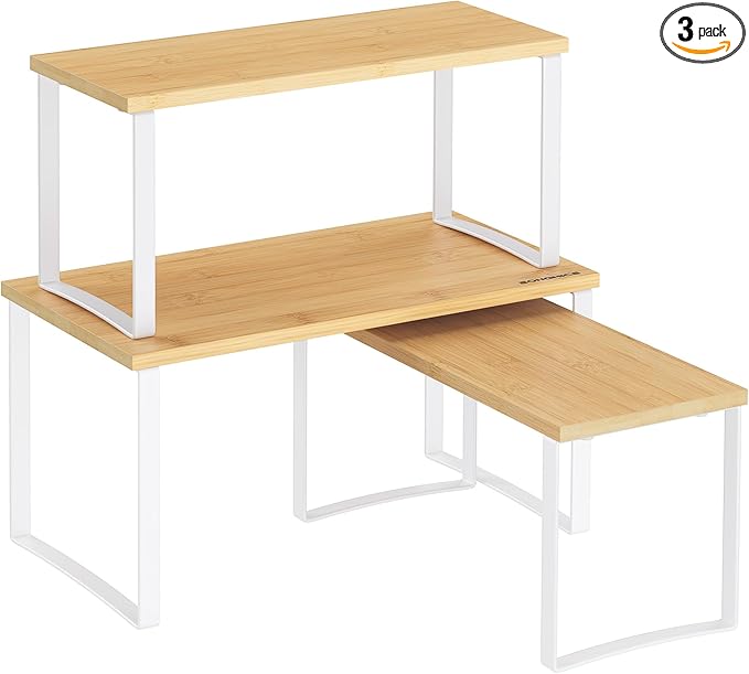 SONGMICS Cabinet Organizer Shelf, Set of 3 Kitchen Counter Shelves, Kitchen Storage, Spice Rack, Stackable, Expandable, Cloud White and Natural Beige UKCS014W01