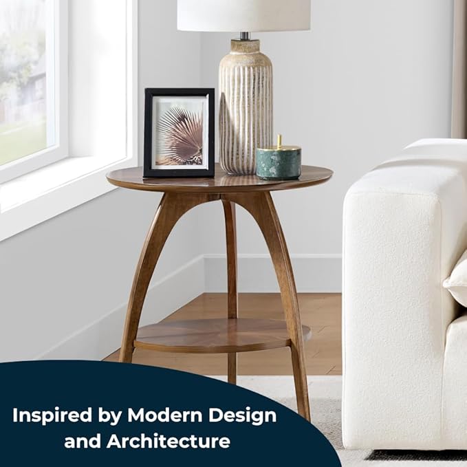 Martin Svensson Home Round Wood Walnut Brown 20" Living Room End Side Accent Table Nightstand with Storage Shelf