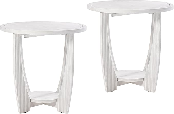 Rustic Farmhouse end Table X 2P with Storage Shelf, French Country Accent Side Table for Family, Dinning or Living Room, Small Spaces, Modern, Round, White