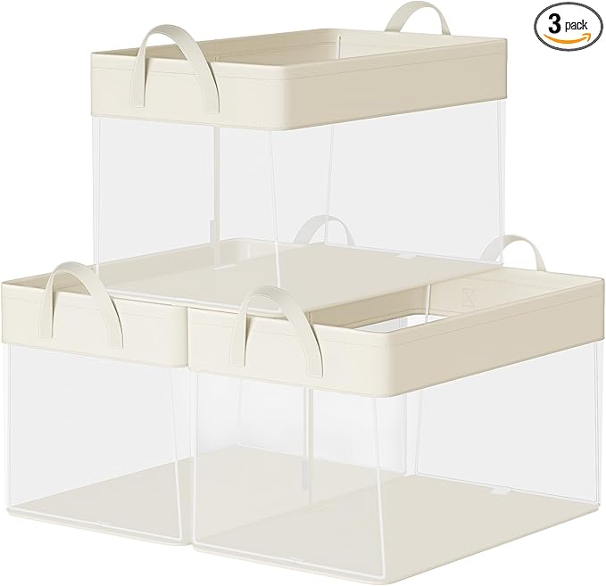 SONGMICS Storage Bins Set of 3, Large Fabric Storage Baskets, Foldable Organizer with Transparent Nylon Mesh, 19.7 x 11.8 x 11.8 Inches, Handles, for Bedroom, Living Room, Cream White URFB950W01