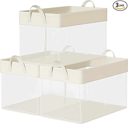 SONGMICS Storage Bins Set of 3, Large Fabric Storage Baskets, Foldable Organizer with Transparent Nylon Mesh, 19.7 x 11.8 x 11.8 Inches, Handles, for Bedroom, Living Room, Cream White URFB950W01