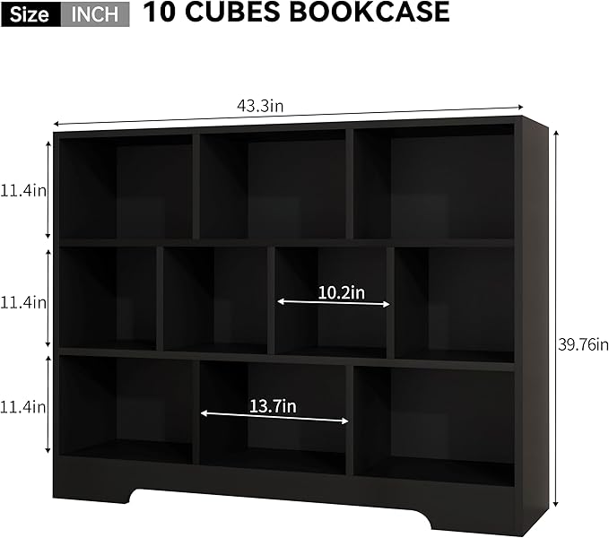 Book Shelf, 10 Cubes Storage Organizer, 3-Tier Open Shelf Wooden Bookcase, Freestanding Balck Bookshelf Cube Shelf for Bedroom, Living Room, Home Office