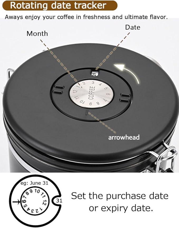 Coffee Canister Airtight Storage Container Stainless Steel Coffee Jar with Scoop,Date Tracker CO2 Release Valve for Dry Food Beans Ground Tea Flour Cereal and Sugar