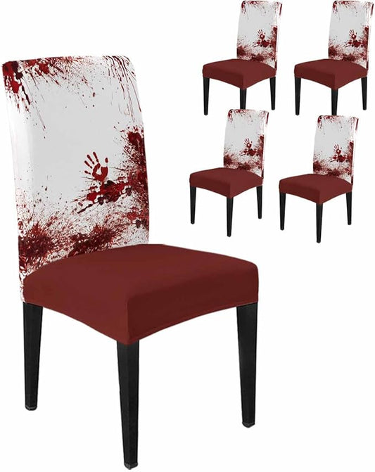 4 Pcs Dining Chair Covers Stretch Spandex Slipcovers Halloween Horror Bloody Handprint Removable Washable Dining Room Seat Cover Cushion Protector for Home Hotel Banquet Decor Red Blood White