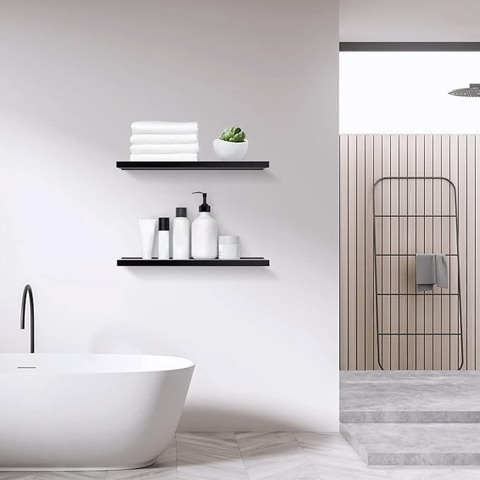 Meangood Floating Shelves Black 17 inch Wall Mounted Natural Bamboo Wood Wall Storage Shelves for Bedroom,Living Room,Bathroom, Kitchen（Set of 2）