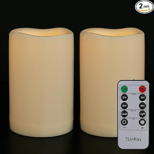 2 Pack 4" x 6" Waterproof Outdoor Flameless Candles with Remote and Timer, Battery Operated Flickering LED Flameless Pillar Candles for Lantern, Porch, Ivory, Plastic