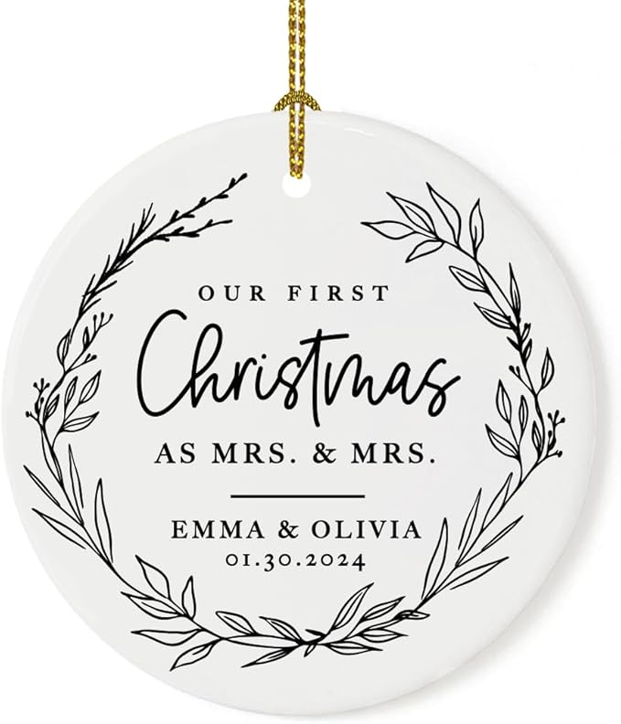 Andaz Press Personalized Our First Christmas As Mrs. & Mrs. 2025 Christmas Ornaments Modern Farmhouse Wreath 2.8" Round Porcelain Ceramic Lesbian Married Couple Gay Women Newlyweds Keepsake 1-Pack