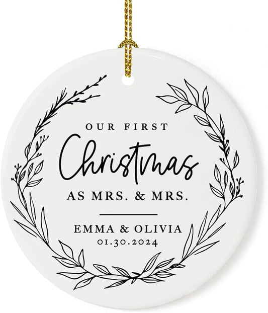 Andaz Press Personalized Our First Christmas As Mrs. & Mrs. 2025 Christmas Ornaments Modern Farmhouse Wreath 2.8" Round Porcelain Ceramic Lesbian Married Couple Gay Women Newlyweds Keepsake 1-Pack