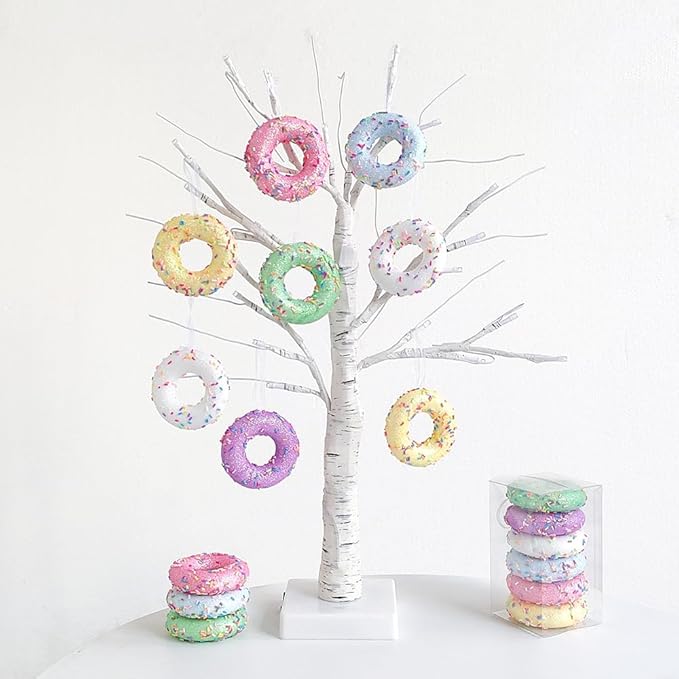 Donut ChristmasParty Decorations Ornaments, 6Pcs Hanging Christmas Tree Candy Ornament, Macaron Color Mini Dessert Donut Pendant Set for Xmas New Year Easter Birthday Home Party Supplies (Doughnut)