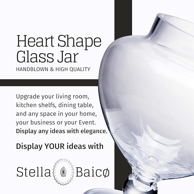 Stella Baic Small Heart-Shaped Glass Apothecary Jars with Lids, Clear, 28 Fl. Oz (9" H x 5" D), Perfect for Candy Buffet, Home Decor, Bathroom Storage, Wedding Party