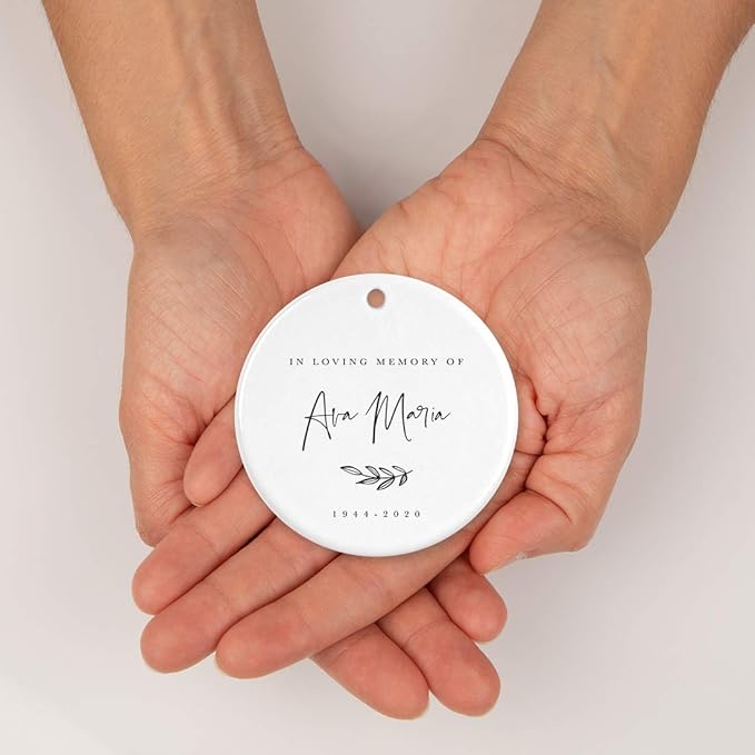 Andaz Press Personalized Round Ceramic Porcelain Christmas Ornament Keepsake Collectible Beareavement Memorial Gift, in Loving Memory of Ava Maria Carter 1944-2024, Antique Handdrawn, 1-Pack, Custom