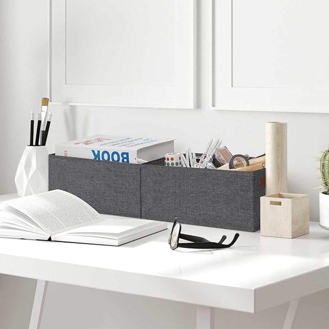 GhvyenntteS Small Fabric Storage Bins 12 Pack, 11.8" x 7.87" x 5.11" Storage Basket with Leather Handles, Closet Storage Bins for Shelves, Storage Baskets for Shelves, DVD Storage (Grey)