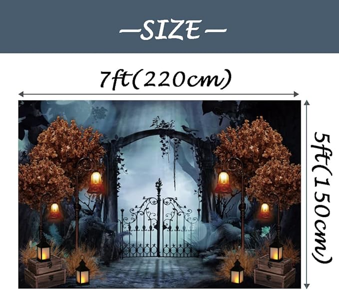 Durable Fabric Halloween Backdrop 7x5ft Horror Cemetery Iron Gate Scary Halloween Photo Background for Photography Halloween Party Decorations Banner Photo Studio Decoration Supplies