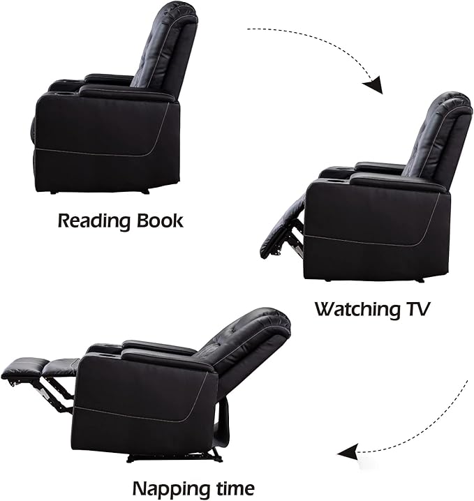 CANMOV Electric Power Recliner Chair with USB Ports and Cup Holders, Breathable Leather Home Theater Seating with Hidden Arm Storage (Black)