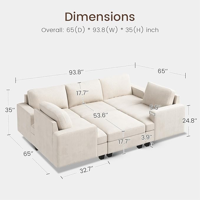 Nolany Modular Sectional Couch with Storage Ottoman, Corduroy Sleeper Sectional Sofa with Chaise, Sectional Couches for Living Room, Beige