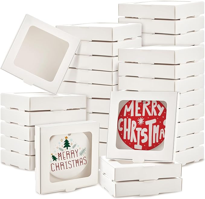 50 Pcs Sublimation Ornament Blanks Box 3.6"x3.6"x0.7" Christmas Ornaments Holder Ceramic Discs Packaging Box with Window for Personalized Xmas Tree Blanks Bulk (White)