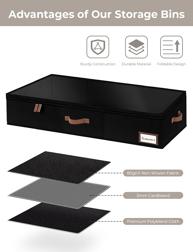 StorageWorks Large Under Bed Storage Containers with Handles and Label Holder, 2 Pack Ultra-thick Fabric Underbed Bins, Closet Organizer for Clothes, Blankets, Sweater