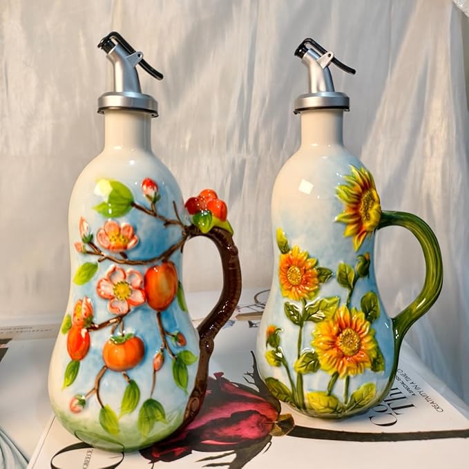 18 Oz Hand Painted Relief Ceramic Olive Oil Bottle Dispenser for Kitchen, Oil and Vinegar Bottle, Seasoning Bottle with Stainless Steel Nozzle, 540mL Oil Container with Handle for Cooking, Light Proof