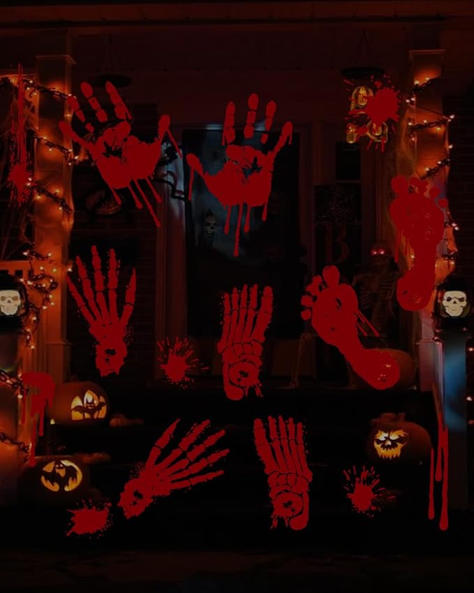 Halloween Bloody Handprint Footprint Window Stickers Wall Stickers for Halloween Party Decorations Inside Outside Decor Come with Plastic Scraper Tools 2pcs