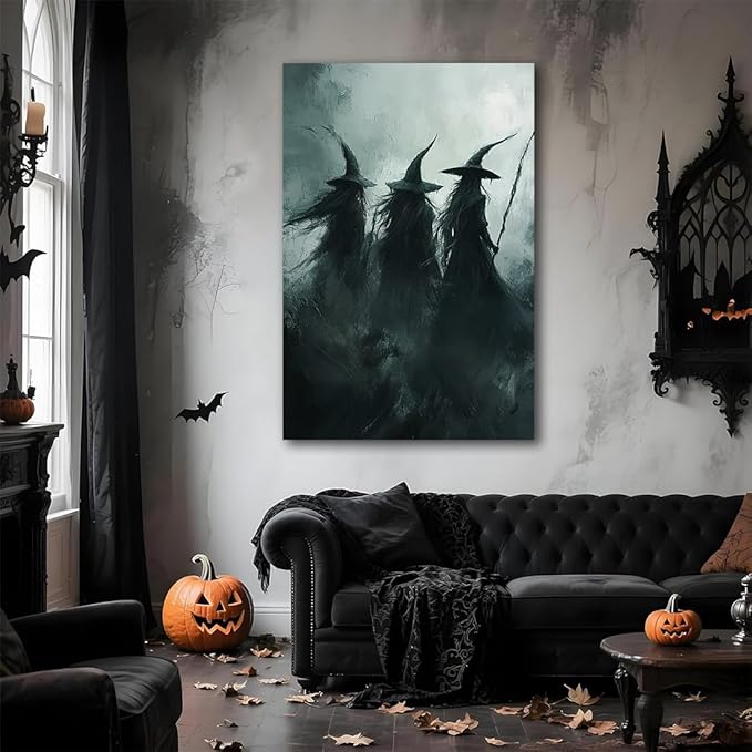 Gothic Witchs Horror Halloween Wall Art,Three Witches in Moody Forest Painting Wall Decor,Autumn Spooky Witches Forest Canvas Printing For Gallery Living Room Bedroom,8"x12" Framed
