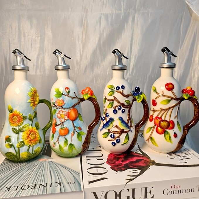 18.26oz/540ml Ceramics Olive Oil Dispenser Bottle,Hand Painted Reliefs Oil Dispenser for Kitchen,Oil Bottles for Kitchen (Blueberry)