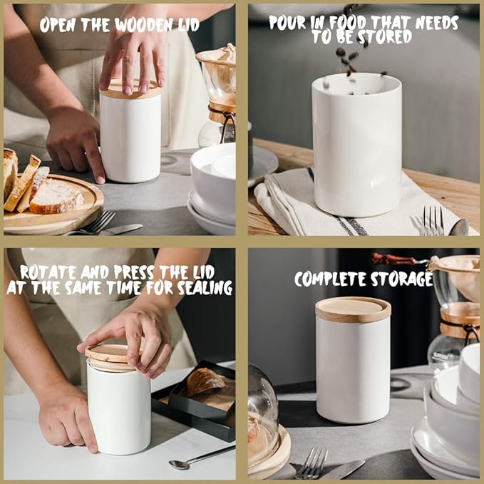 Sweejar Kitchen Canisters Ceramic Food Storage Jar, Stackable Containers with Airtight Seal Wooden Lid for Serving Ground Coffee, Tea, Sugar, Salt and More - 16 Fl Oz (Yellow)