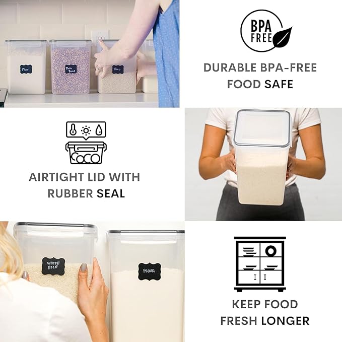 WHITE FEATHER SUPPLIES 4 Pc Flour Sugar Storage Container, Large Food Storage Containers with Lids Airtight for Kitchen, BPA Free Plastic Cereal Containers Storage [2 X 6.5 + 2 X 5.2] 4 Measuring Cup