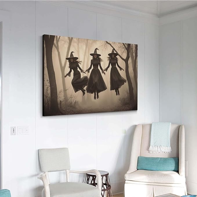 Three ghost witches flying in vintage forest gothic wall art witchcraft decoration holiday gift canvas wall art print12x16in Wood Framed