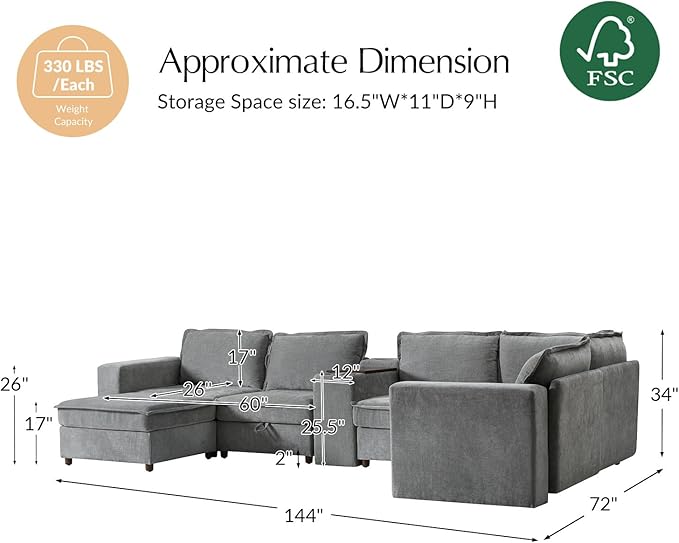 HULALA HOME Modular Sectional Sofa with USB Port and Console, 6 Seater Sofa with Storage Ottoman, Oversized U Shaped Couches for Living Room, FSC Certified, Grey