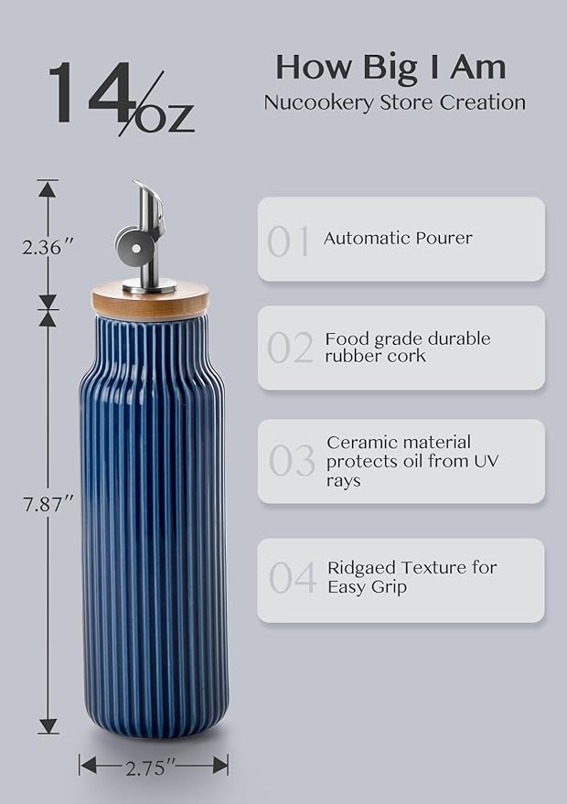 Nucookery Ceramic Olive Oil Dispenser Bottle for Kitchen, 14 oz Opaque Vinegar Dispenser Bottle, Large Capacity Cooking Oil Container for Storage Vinegar, Soy Sauce, Coffee Syrup, Blue